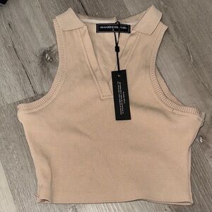 Maniere De Voir Beige Ribbed Polo Crop Tank